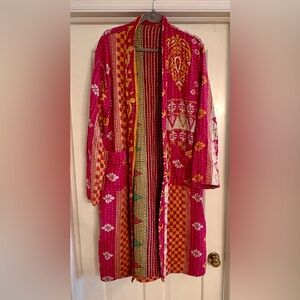 Kantha Vibrant Pink, Green and Yellow Patterned Kimono